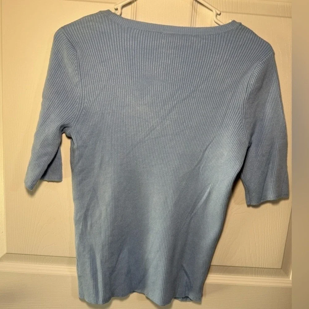 Worthington Light Blue Ribbed V-Neck Short Sleeve‎ Sweater Top Small NWT